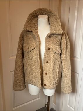 Wilfred Free Teddy Sherpa Jacket Women’s Medium Beige Button Front Cozy Fleece